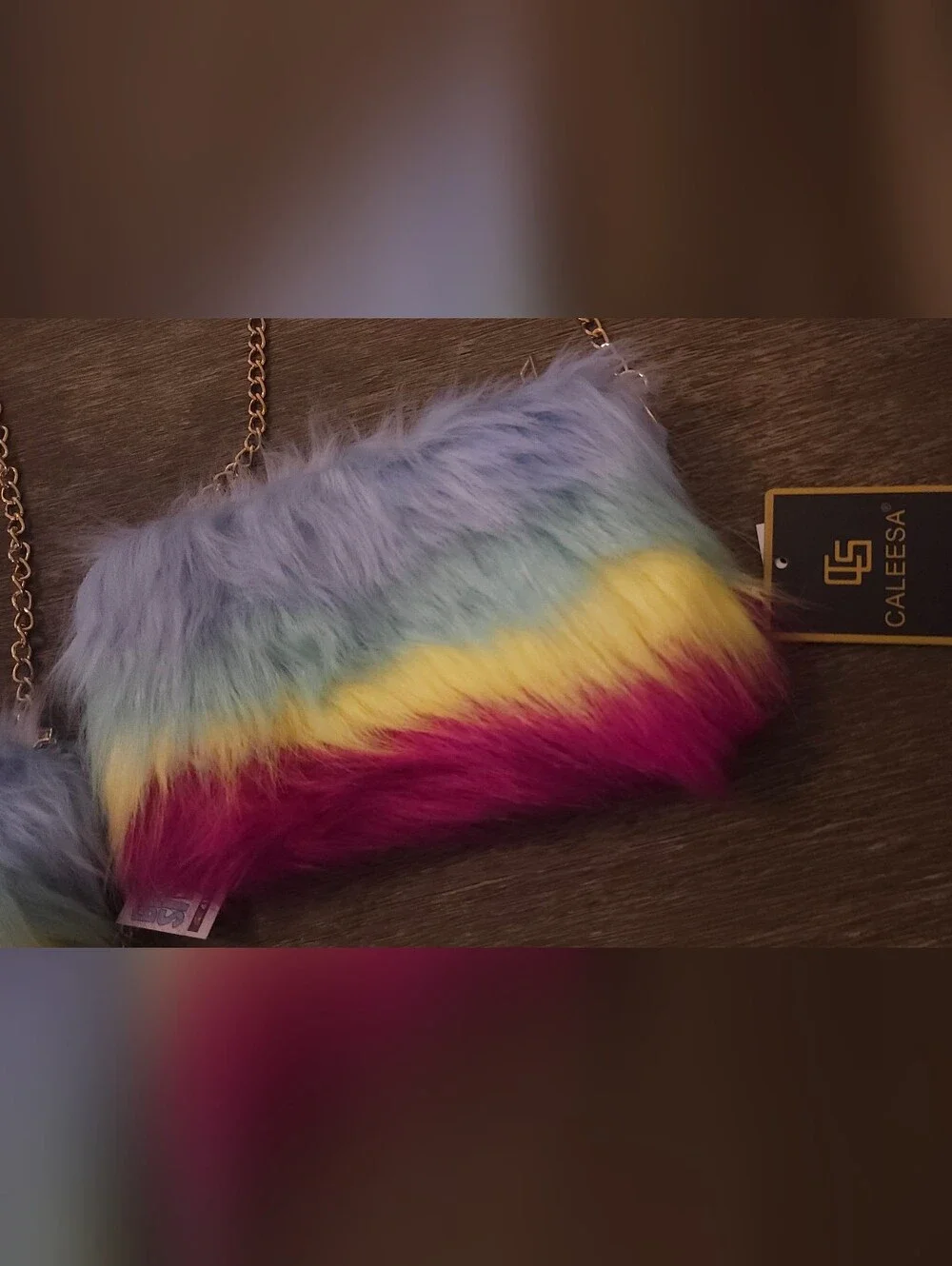 Set Of 2 - Pastel Rainbow Faux Fur Crossbody Bag with Gold Chain
